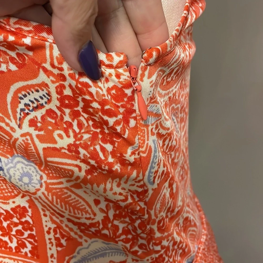 TORY BURCH orange floral stretchy SILK KNIT DRESS. Sleeveless zippered side Med